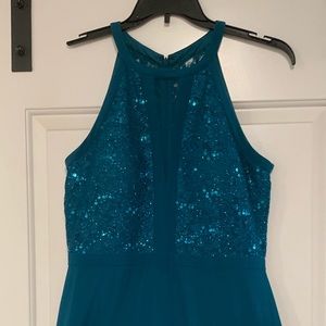 Nightway. Emerald green floor length gown.